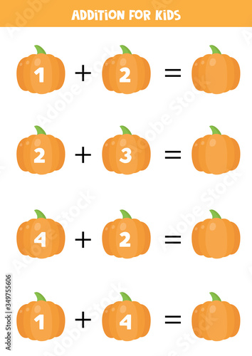 Addition for kids with cute cartoon pumpkins. Math equations.
