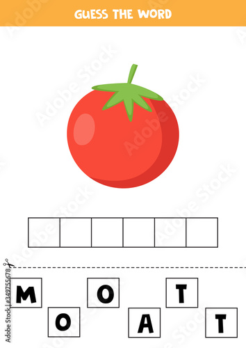 Spelling game for kids. Cartoon red tomato.