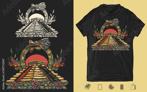 Ancient Maya Civilization. Kukulkan. Feathered Serpent and pyramids. Chichen Itza art. Quetzalcoatl. Creative print for dark clothes. T-shirt design. Template for posters, textiles, apparels