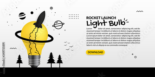 Rocket launching out from light bulb on white background, business start up concept