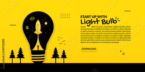 Spaceship launch inside light bulb on yellow background, business start up concept