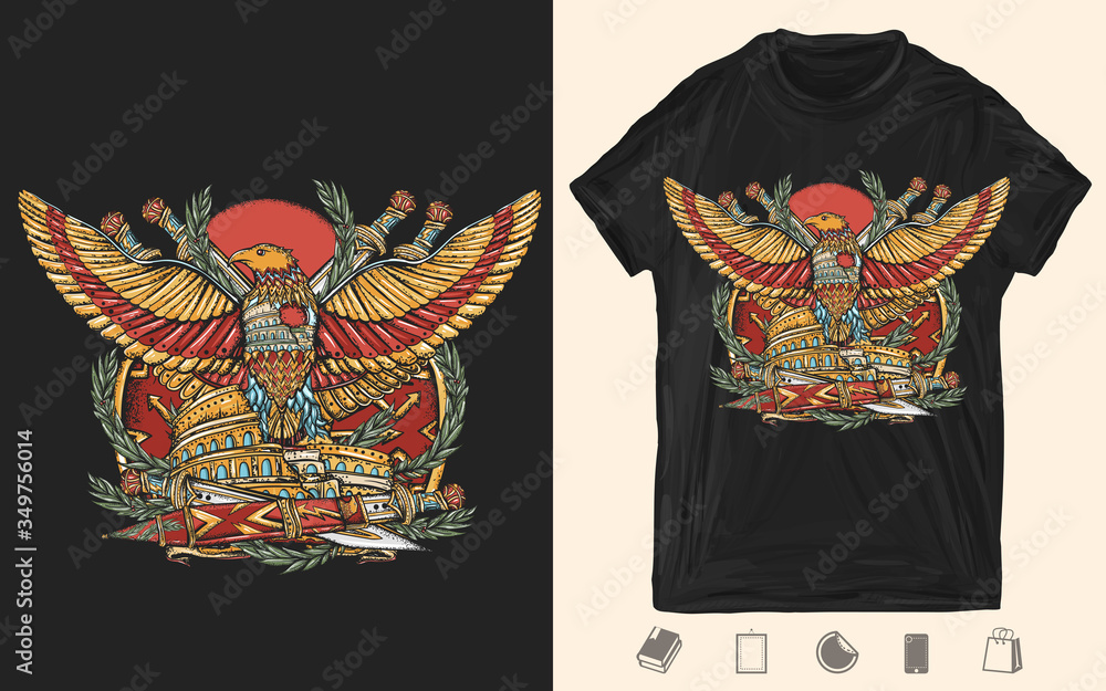 Fototapeta Roman Empire. Colosseum, eagle and crossed swords. History of Italy. Creative print for dark clothes. T-shirt design. Template for posters, textiles, apparels. Ancient Rome art