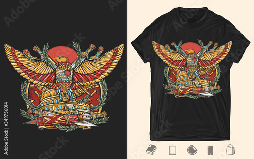 Roman Empire. Colosseum, eagle and crossed swords. History of Italy. Creative print for dark clothes. T-shirt design. Template for posters, textiles, apparels. Ancient Rome art