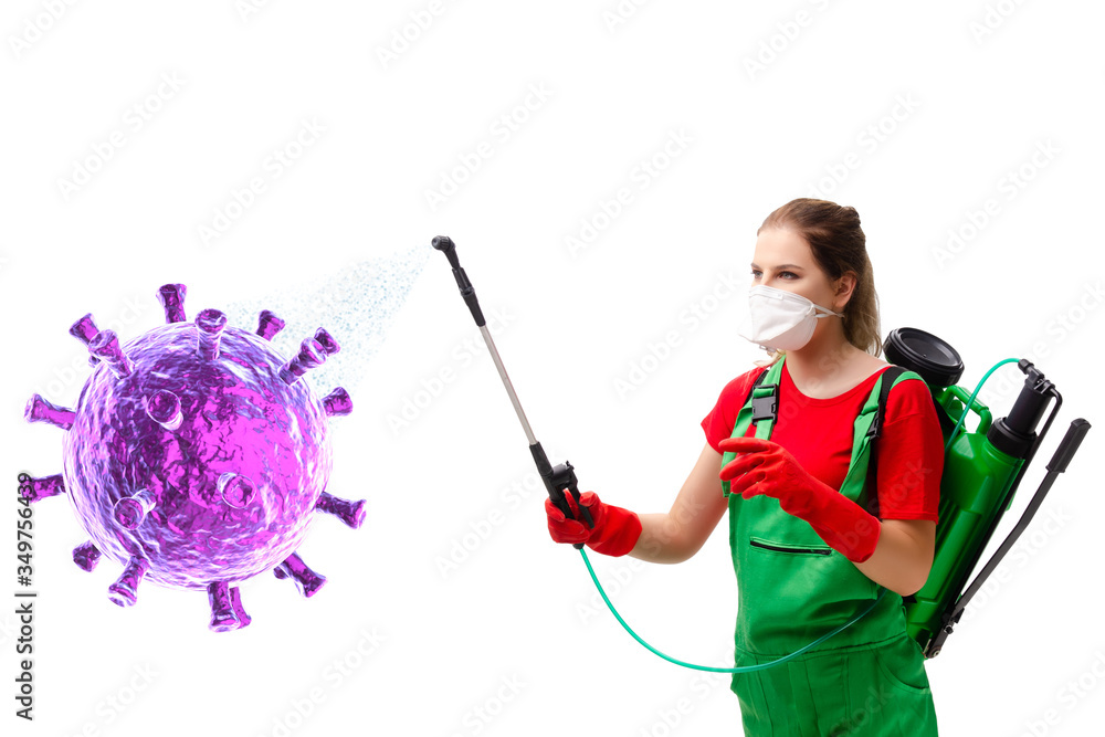 Disinfection concept with person fighting coronavirus Disinfection concept with person fighting coronavirus