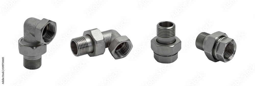 Set of metal elbow-shaped and straight unions in different angles of male threaded and female threaded isolated on white background. Pipe fittings. Set of metal elbow-shaped and straight unions in different angles of male threaded and female threaded isolated on white background. Pipe fittings.