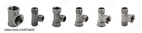 Fotografi Set of metal tees in various combinations of male threaded and female threaded isolated on white background