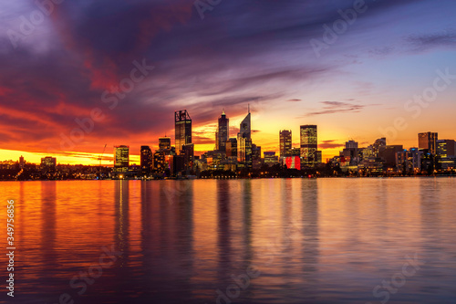 Sunset and reflections, with a view of Perth city in background 