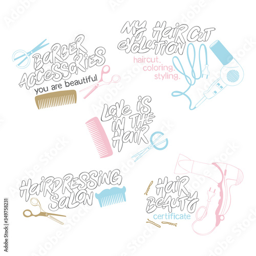 My haircut evolution. Love is in the hair. Hair beauty. Set lettering. Hair dryer, comb and scissors. Isolated vector object on white background.