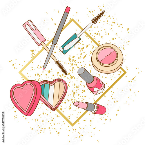 Cosmetics. Mascara, eye shadow, lipstick, powder, perfume, eau de toilette, perfume. Square golden frame. Art. Isolated vector objects on a white background.