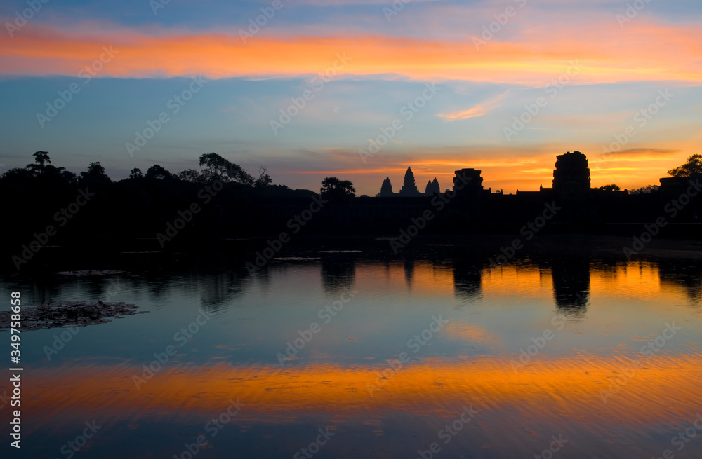 The silhouette of the Angkor Wat temple at sunrise with copy space, Siem Reap, Cambodia.