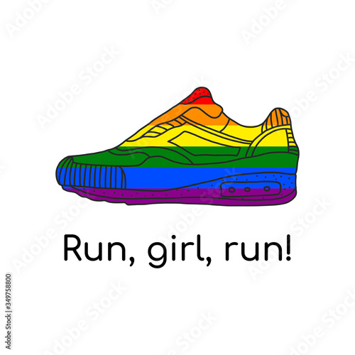 Shoes or sneakers painted in the colors of the gay flag,symbol of sports.Drawing a sign in the LGBT style,seven colors of the rainbow.vector inscription run baby run. Sticker,patch, t-shirt printing