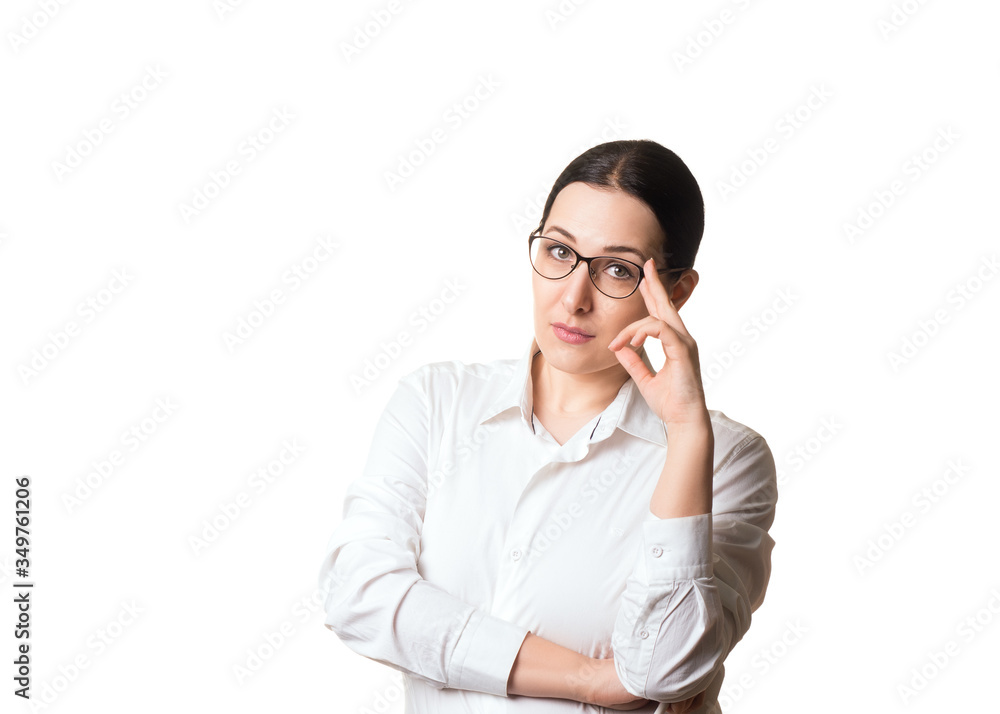 A portrait of typical businesswoman, isolated on white. Caucasian adult attractive woman in formal shirt and glasses. Manager, teacher, interpreter or speaker. A portrait of typical businesswoman, isolated on white. Caucasian adult attractive woman in formal shirt and glasses. Manager, teacher, interpreter or speaker.