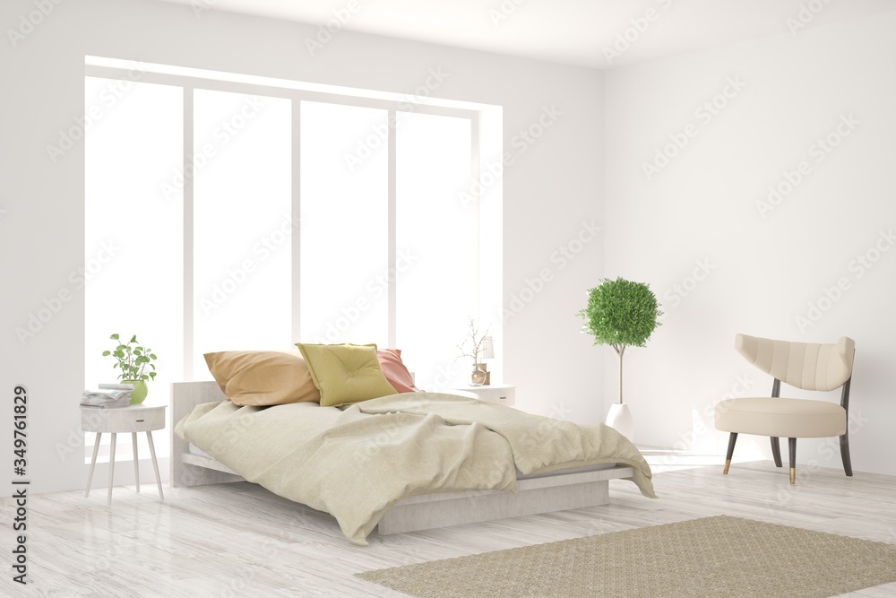 White bedroom interior. Scandinavian design. 3D illustration White bedroom interior. Scandinavian design. 3D illustration