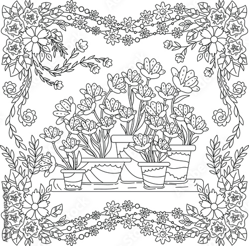 Pattern with abstract flowers. Coloring book page for adult