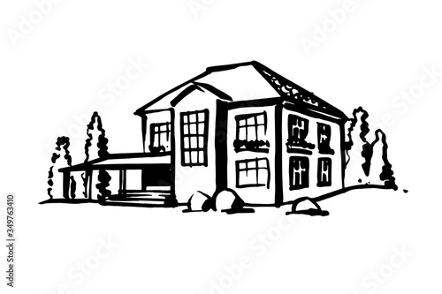 Drawing of a cottage. Vector hand drawn illustration on a white background.