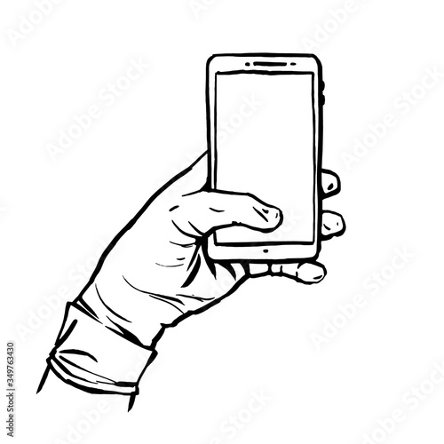 A gloved hand holding a phone. Vector hand drawn illustration on a white background.