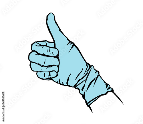 Thumbs up. Drawing of a gloved hand. Vector illustration on a white background.