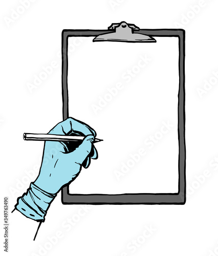 Hand in glove putting the signature on the document. Vector hand drawn illustration on a white background.