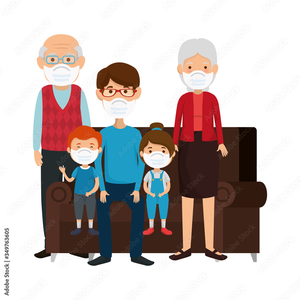cute family using face mask with couch vector illustration design