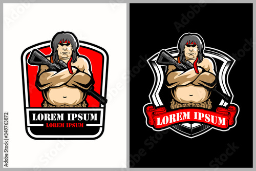 fat man cartoon character with rifle vector logo