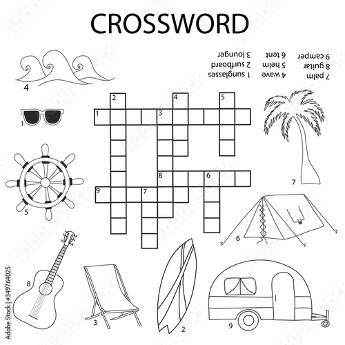 Crosswords puzzle game for preschool kids. Activity worksheet printable version. Vector hand drawn illustration. Kids black and white activity sheet surf doodle set