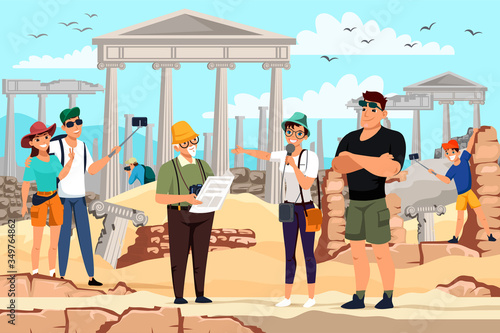 Vector characters tourists in Greece excursion