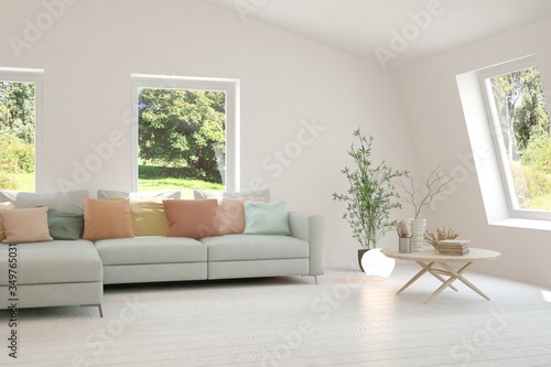 White living room with sofa and summer landscape in window. Scandinavian interior design. 3D illustration