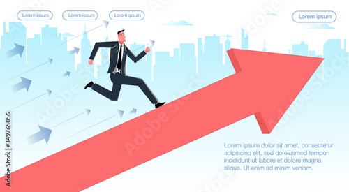 The right way. Businessman on the background of the city runs along the growing up arrow of the graph. Business Vector Concept Illustrator