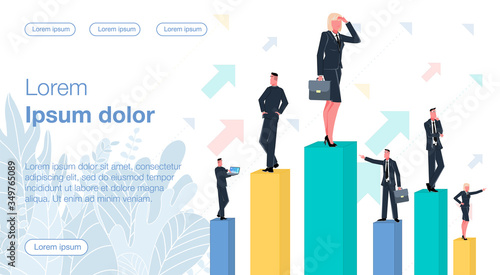 Businessmen and businesswomen are standing on the columns of statistics looking in different directions in search of a good profitable idea. Business Vector Concept Illustrator © Robodeski
