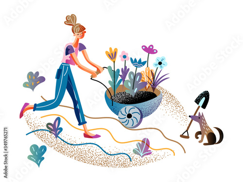 Young woman push trolley cart with flower sprout