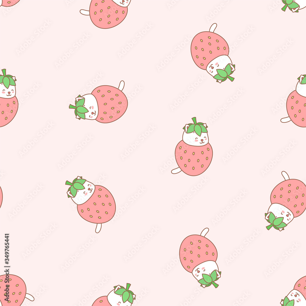 Strawberry pattern. Illustration of cute white kittens with strawberries on a light pink background. Vector 8 EPS. Strawberry pattern. Illustration of cute white kittens with strawberries on a light pink background. Vector 8 EPS.