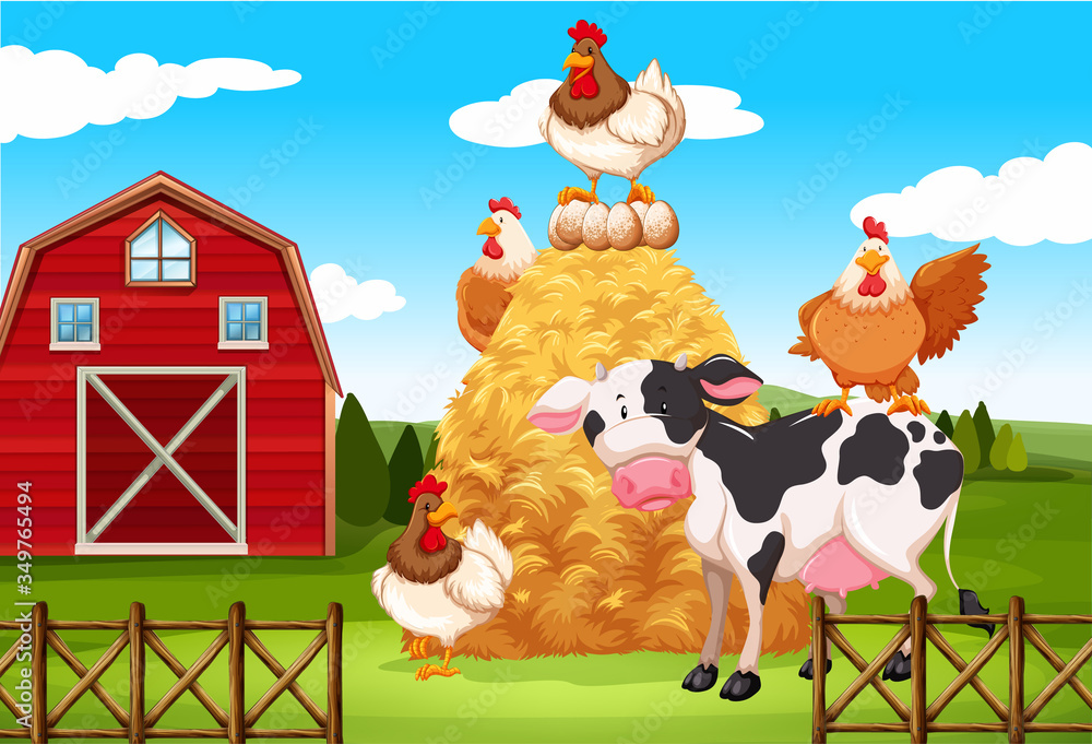 Naklejka premium Farm scene with farm animals on the farm