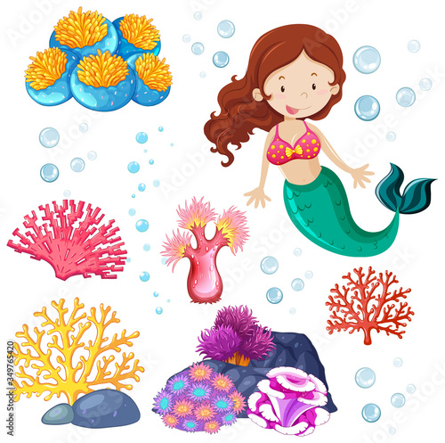 Set of cute mermaid and sea theme