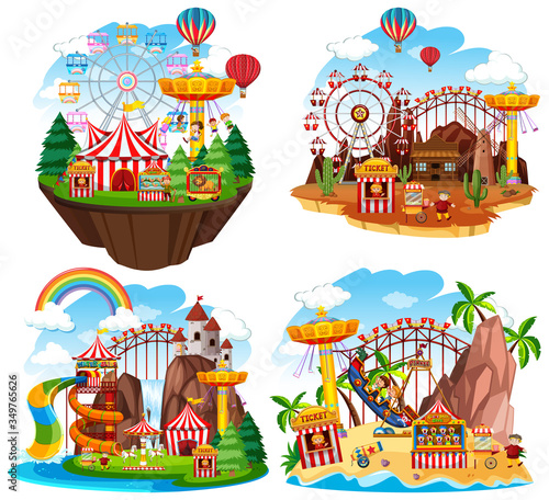 Themepark scene with many rides on islands