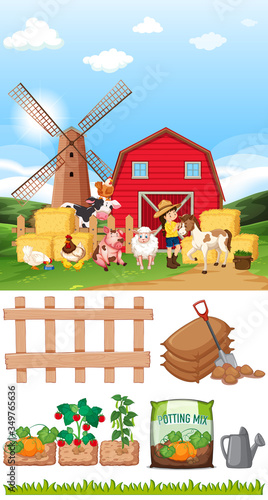 Farm scene with many animals and other items on the farm