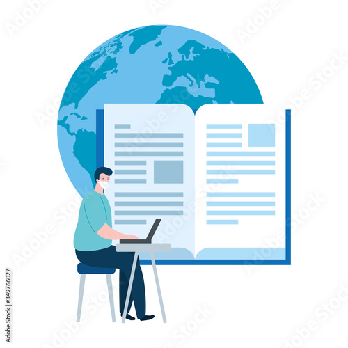 man using face mask studying online vector illustration design