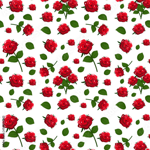Seamless pattern with cute red roses flowers and leaf