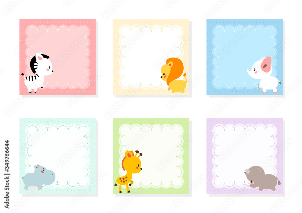 Kids notebook page templates. Cute memo pads decorated with african animals. Can be used for scrapbooking, bullet journals, gift tags, cards and invitations. Vector 10 ESP. Kids notebook page templates. Cute memo pads decorated with african animals. Can be used for scrapbooking, bullet journals, gift tags, cards and invitations. Vector 10 ESP.