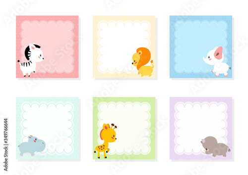 Kids notebook page templates. Cute memo pads decorated with african animals. Can be used for scrapbooking, bullet journals, gift tags, cards and invitations. Vector 10 ESP.