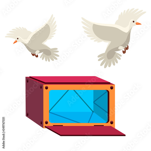 Open box and pigeon flying out isolated on white