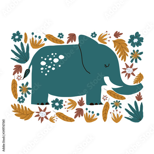 Cute Elephant Walking in Jungle Among Foliage Hand Drawn Vector Illustration