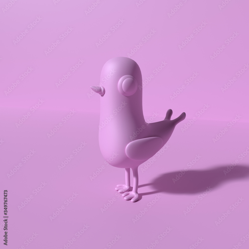 Abstract poster with pink bird character with shadow. 3D rendering objects shape. Minimal monochrome style Abstract poster with pink bird character with shadow. 3D rendering objects shape. Minimal monochrome style