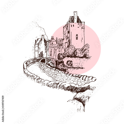 Scottish Castle with Towers and Stone Walls Vector Illustration