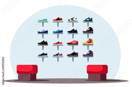 Vector flat illustration of interior design of shoe store background