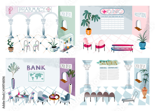 Vector interior bank, station, pharmacy and clinic