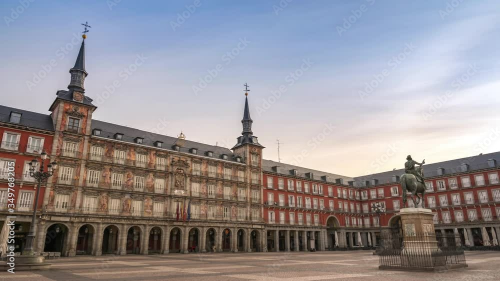 Madrid Spain time lapse 4K, city skyline timelapse at Plaza Mayor nobody empty due to Coronavirus Covid-19 lockdown Madrid Spain time lapse 4K, city skyline timelapse at Plaza Mayor nobody empty due to Coronavirus Covid-19 lockdown