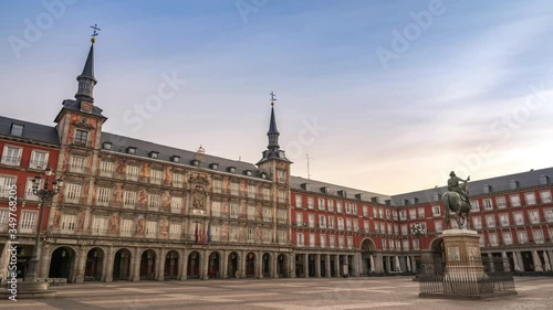 Madrid Spain time lapse 4K, city skyline timelapse at Plaza Mayor nobody empty due to Coronavirus Covid-19 lockdown photo