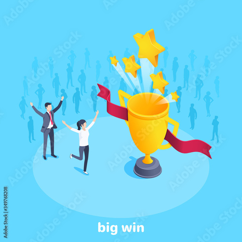 isometric vector image on a blue background, a man and a woman in business clothes rejoice at a big victory next to a gold cup over which stars fly up, big win