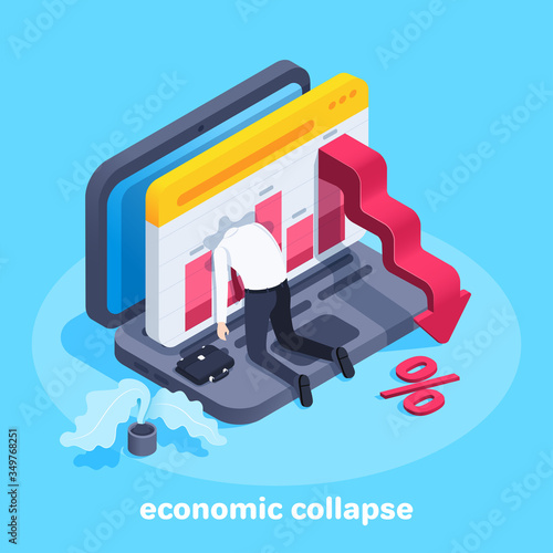 isometric vector image on a blue background, a man in business clothes on his knees, went his head out the window with a chart on a laptop screen and a red arrow pointing down, economic collapse