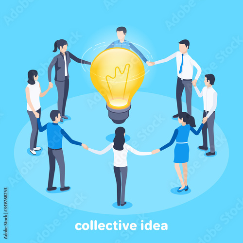 isometric vector image on a blue background, people in business clothes are standing in a circle holding hands and a light bulb in the center, collective idea